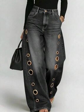 Wide Leg Black Jeans with Gold Eyelet Detail